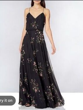 Jenny Yoo Olive Green Floral Spaghetti-Strap Maxi Dress